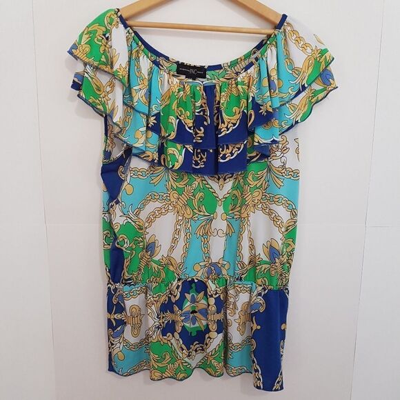 International INC Company Blouse White Blue Green Gold  Ruffled NeckWaist… - Picture 4 of 10
